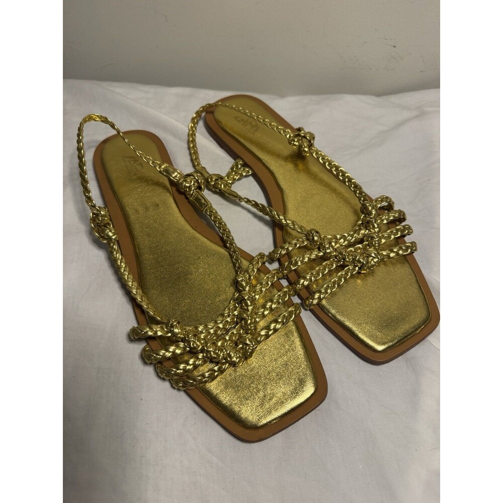 Zara Gold Flats Strappy Sandals Women's EU 41 US 10 Metallic Gold Ankle Strap